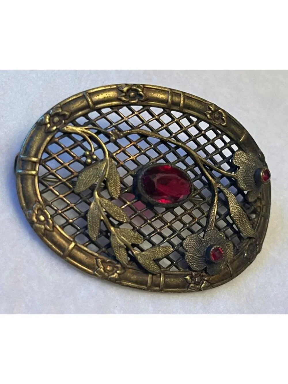 Antique Art Nouveau Brass Sash Brooch With Floral & Leaf Motif Ruby Red Glass St